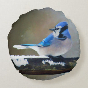 Coussins Ronds Peinture Jay Bleu - Art Oiseau Original