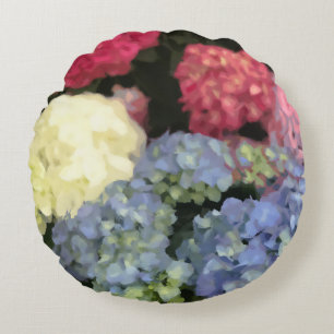 Coussins Ronds Peinture numérique à fleurs bleu et rose Hydrangea