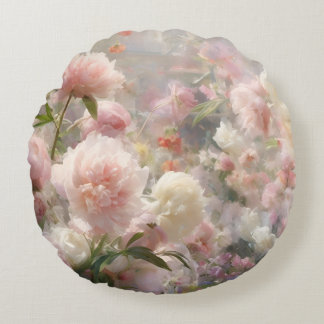 Coussins Ronds Peintures aquarelles de pivoines blanches et roses