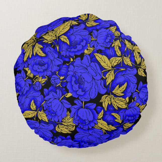 Coussins Ronds Peonies bleues avec Feuilles d'or (Dos)
