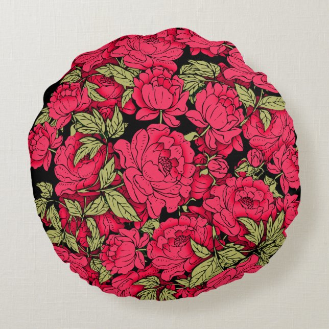 Coussins Ronds Peonies rouges avec Feuilles d'or (Dos)
