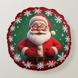 Coussins Ronds Père Noël joyeux entouré de flocons de neige