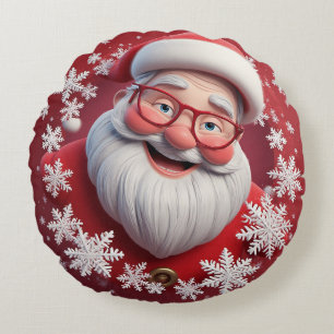 Coussins Ronds Père Noël joyeux entouré de flocons de neige