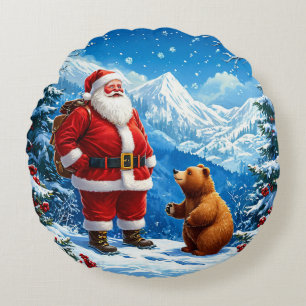 Coussins Ronds Père Noël rencontre un ours amical dans la montagn