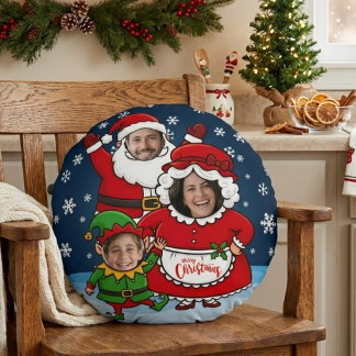 Coussins Ronds Père Noël visage personnalisé drôle Mme Claus Elfe