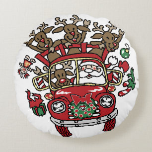 Coussins Ronds Père Noël Woody et son dessin de Noël Reindeer