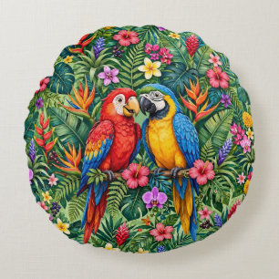 Coussins Ronds Perroquets aras de la jungle Fleurs vibrantes