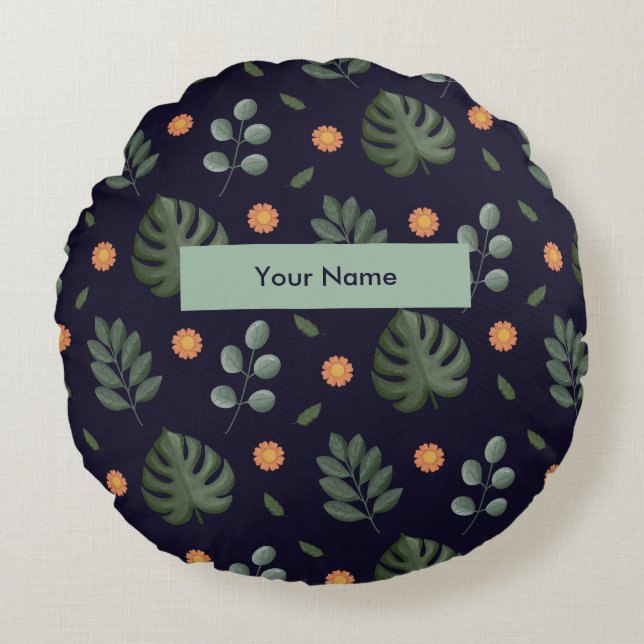 Coussins Ronds Personalized Custom Name Navy Botanical (Devant)