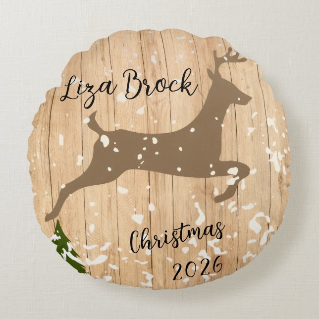 Coussins Ronds Personalized doe Christmas bauble wooden backgroun (Devant)