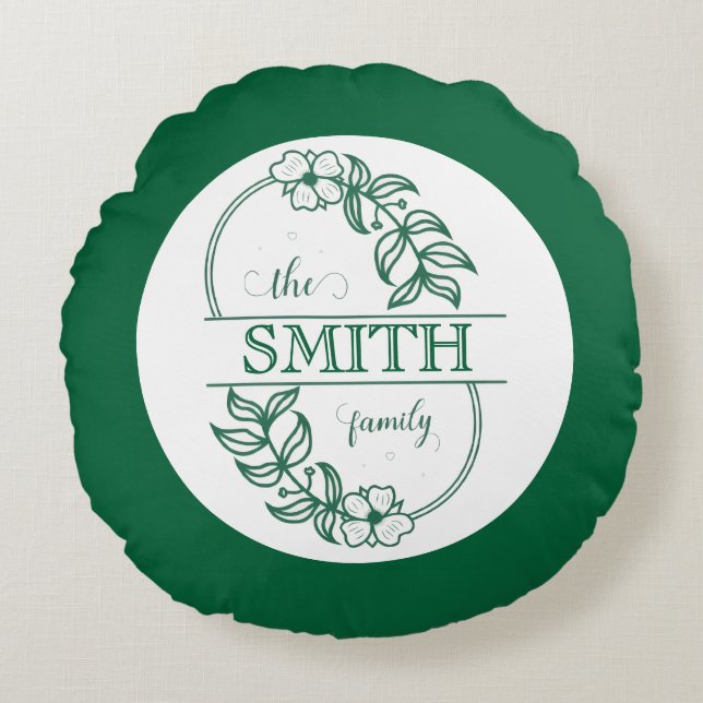 Coussins Ronds  Personalized Modern Floral Family Name Monogram (Devant)