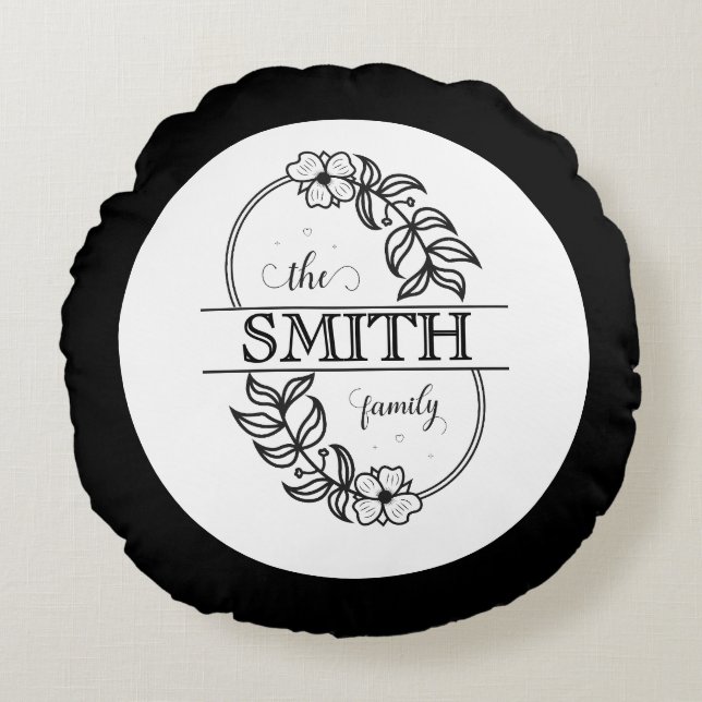 Coussins Ronds  Personalized Modern Floral Family Name Monogram (Devant)
