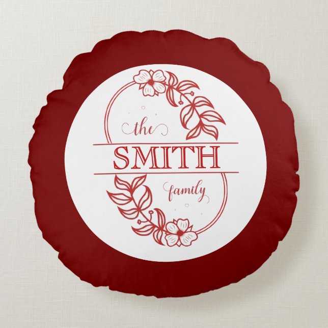 Coussins Ronds  Personalized Modern Floral Family Name Monogram (Devant)