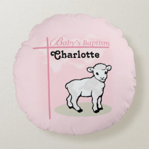 Coussins Ronds Personnalisable, Baptême, Rose, Fille, Agneau