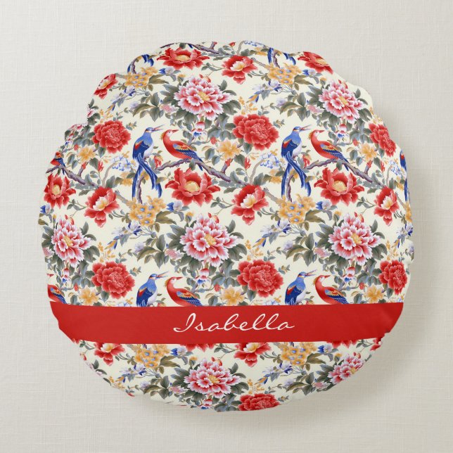 Coussins Ronds Personnalisé Chinoiserie Asiatique Floral Rose Ble (Devant)