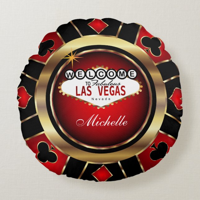 Coussins Ronds Personnaliser Chip de Poker Rouge, Noir et Or (Devant)