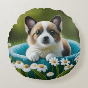 Coussins Ronds Petit chien floral mignon dans les foies