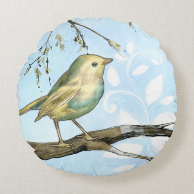 Coussins Ronds Petit oiseau jaune perché sur une branche Recherch (Devant)