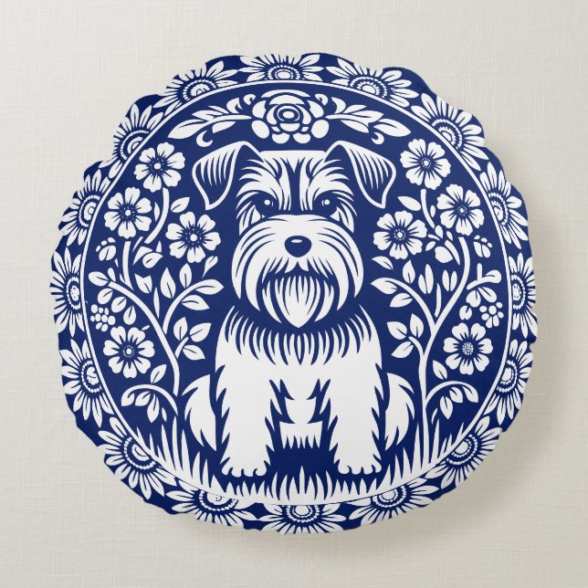 Coussins Ronds Petit Schnauzer mignon dans un jardin fleuri (Devant)