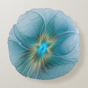 Coussins Ronds Petite Beauté Moderne Bleu Or Fractal Art Flower