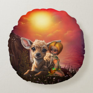 Coussins Ronds Petite fée et le mignon faon.