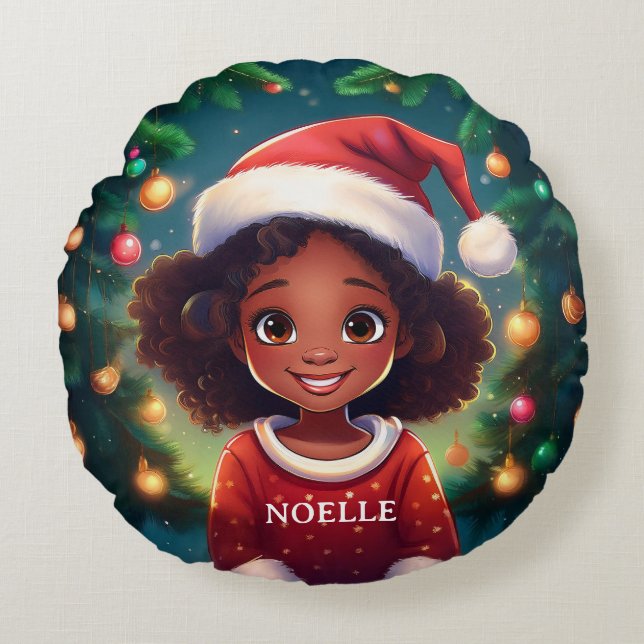 Coussins Ronds Petite fille noire Noël chapeau de Noël (Devant)