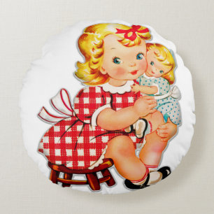 Coussins Ronds Petite fille rétro vintage poupée enfant