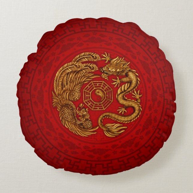 Coussins Ronds Phoenix et Dragon avec bagua #4 (Devant)