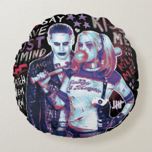 Coussins Ronds Photo de typographie de joker et de Harley du