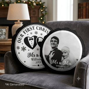 Coussins Ronds Photo personnalisé de Noël élégant en noir et blan