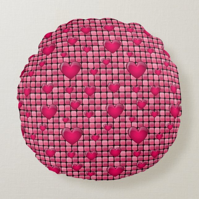 Coussins Ronds Pile rose avec des coeurs (Devant)