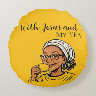 Coussins Ronds Pillow depicting Jesus and My Tea