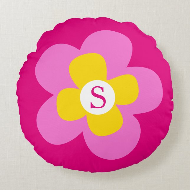 Coussins Ronds Pilote rond monogramme rose fleur (Devant)