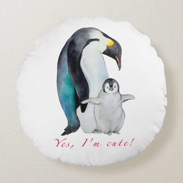 Coussins Ronds Pingouins empereurs d'aquarelle mignons (Devant)