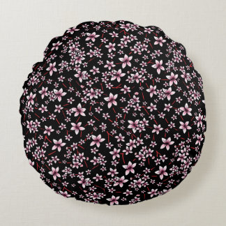 Coussins Ronds Pink Cherry Blossoms On Black