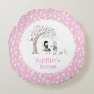 Coussins Ronds Pink Girly Kids Bird Tree Swing Personnalisé