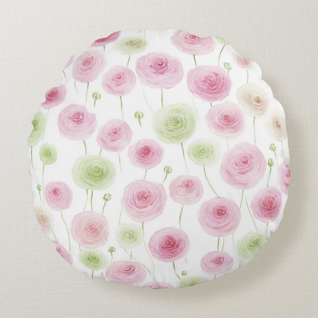 Coussins Ronds Pink Mint Ranunculus Flowers (Devant)