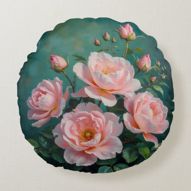 Coussins Ronds Pink Peonies Artwork on Emerald Green (Devant)
