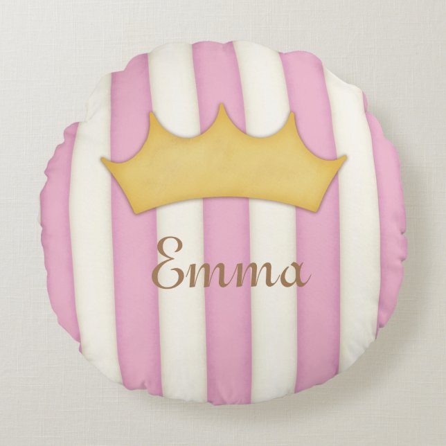 Coussins Ronds Pink Stripes Nom Princesse couronnée personnalisée (Devant)