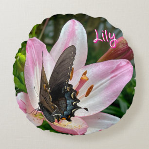 Coussins Ronds Pink White Tiger Lilly Flower Blue Butfly Nom