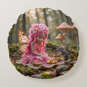 Coussins Ronds Pique-nique mignon rose Pixie et souris
