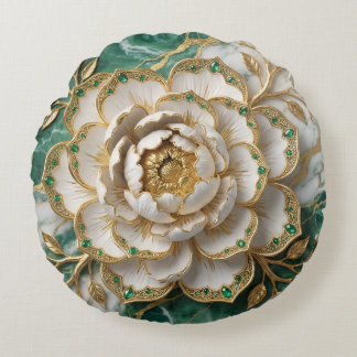 Coussins Ronds Pivoine blanche Or Filigrane Émeraude Luxe Art flo