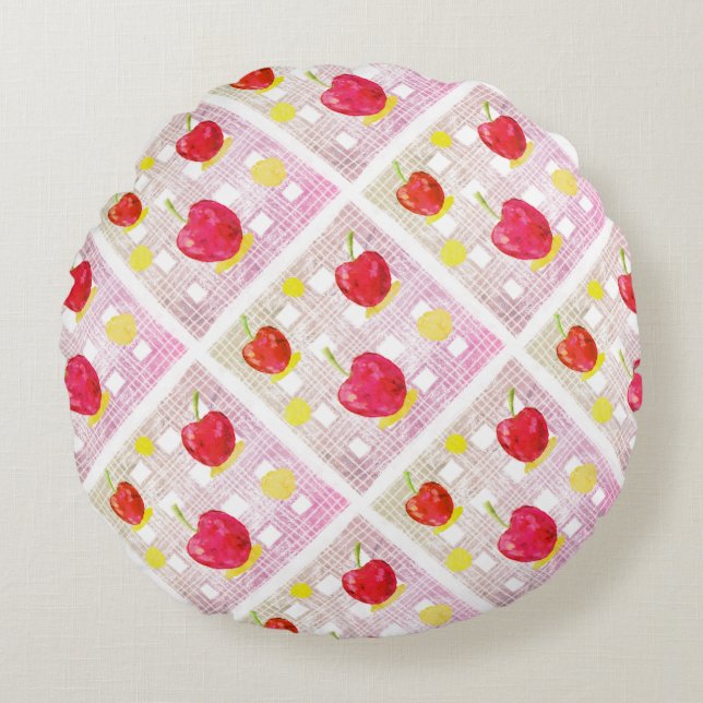Coussins Ronds Plaid avec cerises roses (Devant)