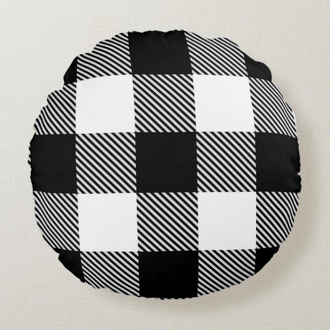 Coussins Ronds Plaid blanc noir de Buffalo avec le sergé (Devant)