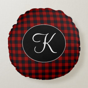 Coussins Ronds Plaid buffalo rouge et noir à monogramme personnal