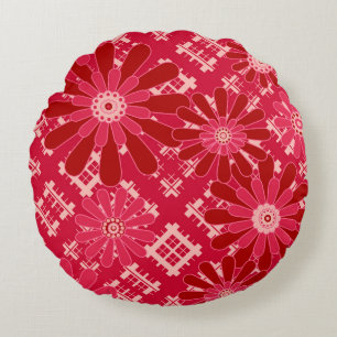 Coussins Ronds Plaid, floral, plaid, rouge, rouge, rustique