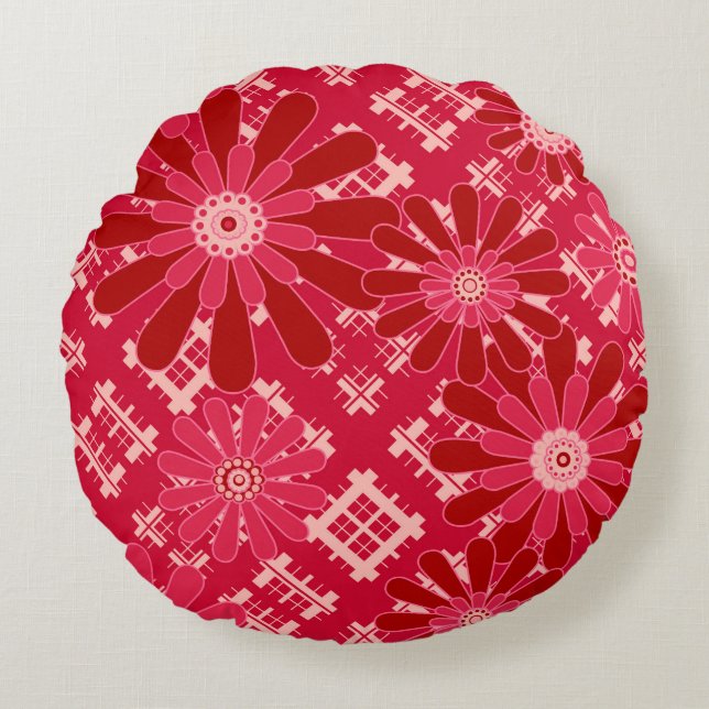 Coussins Ronds Plaid, floral, plaid, rouge, rouge, rustique (Devant)