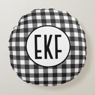 Coussins Ronds Plaid noir et blanc personnalisé avec monogramme