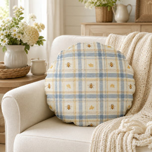 Coussins Ronds Plaids Cottage de Prairie de Miel Bleu Abeille