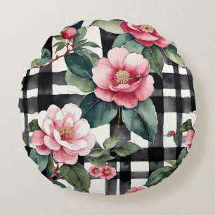 Coussins Ronds Plaqué noir et blanc avec Camellias rose feuillus