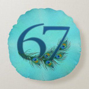 Coussins Ronds Plume de paon pour 67e anniversaire ou anniversair